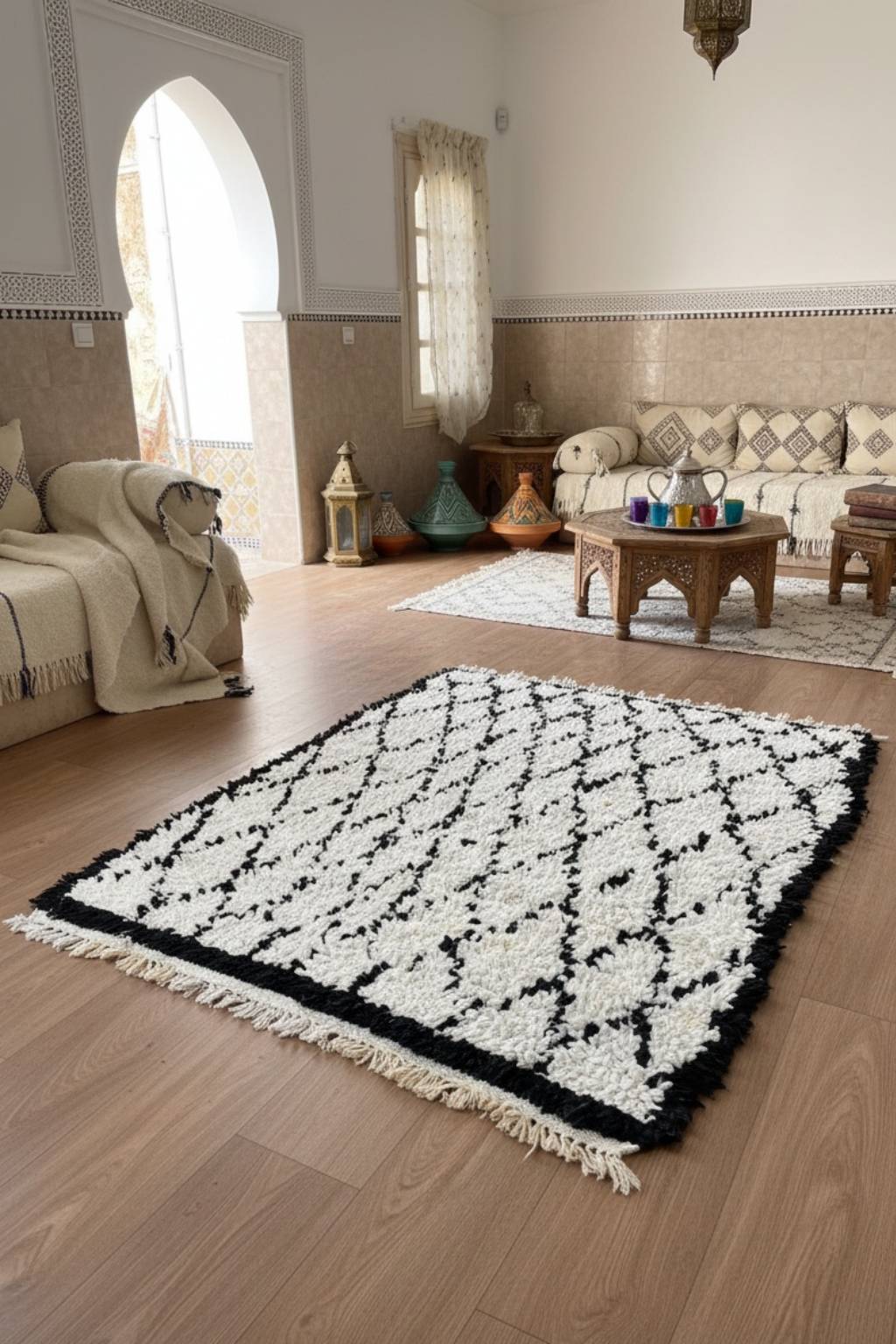 Tapis Berbère – Boucherouite Blanc / Noir – TBC5