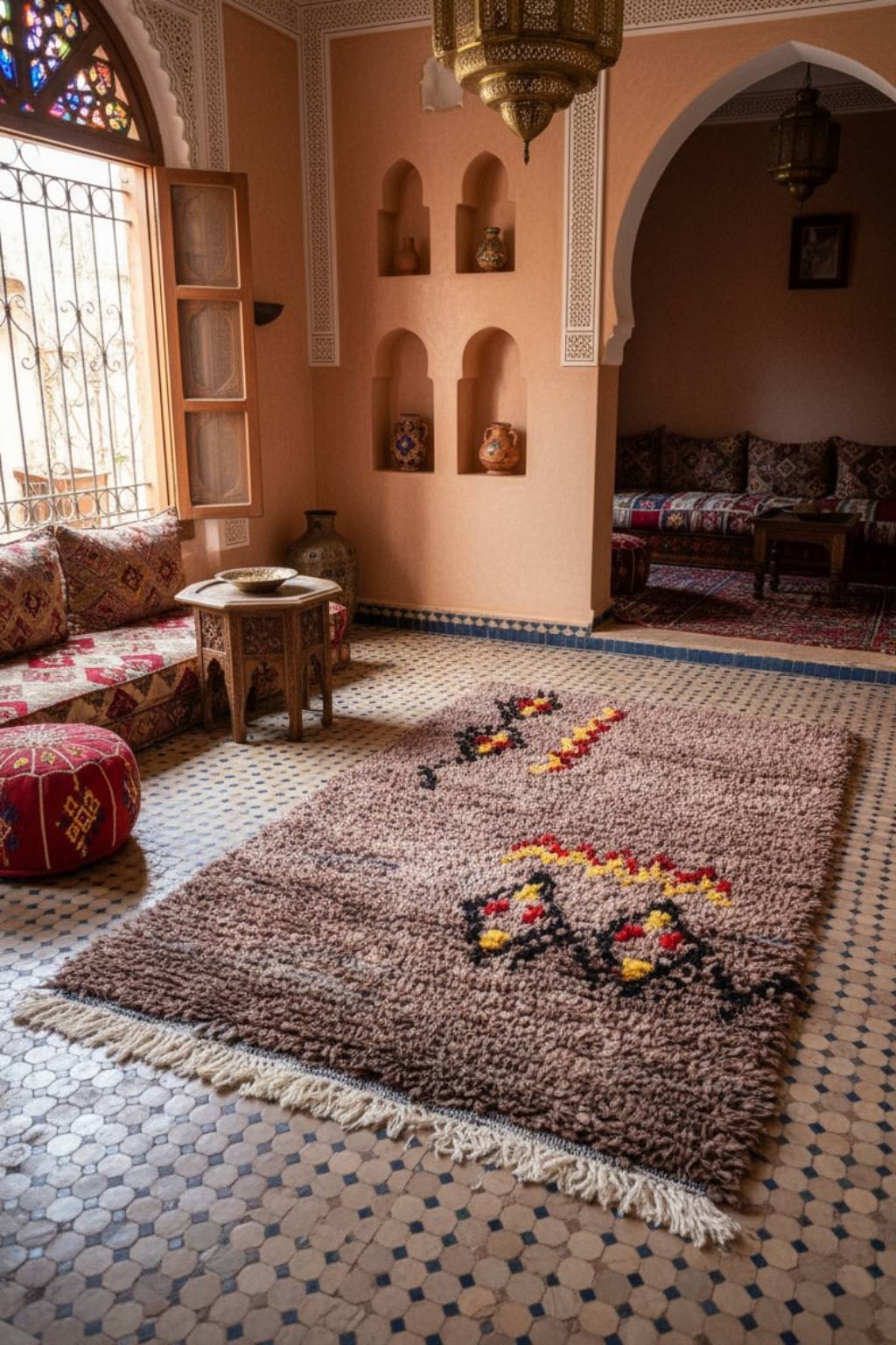 Tapis Berbère – Boucherouite Marron à motifs colorés – TBC3